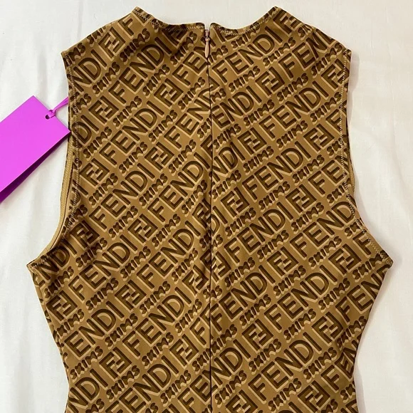 SKIMS x FENDI High Neck Romper Bodysuit Mid Thigh Short Onesie Brown Sleeveless - Picture 3 of 3
